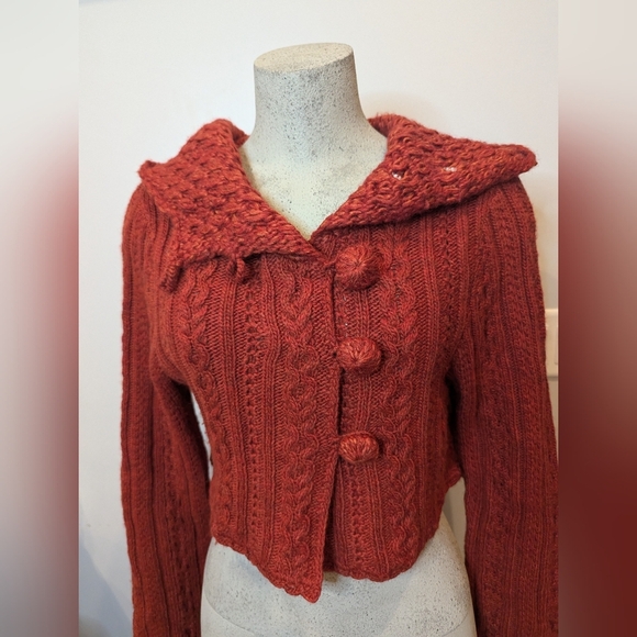 Vintage Y2K Anthropologie wool blend hooded knit crop cardigan,  orange Size XL - Picture 3 of 15
